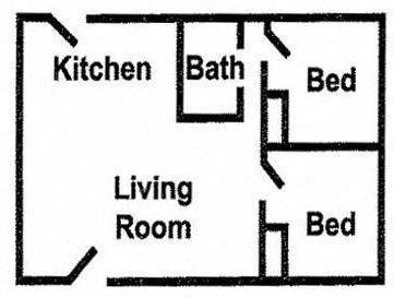 Floor plan for 2 beds, 1 bath, 840 sqft